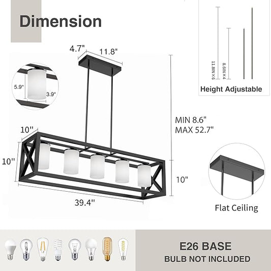 Black White Dining Room Light Fixture - 5 Light Rectangle Light Fixtures with Milk White Glass Shade & Adjustable Height & Thickened Metal Dining Table Lights Fixture Chandeliers for DiningRoom