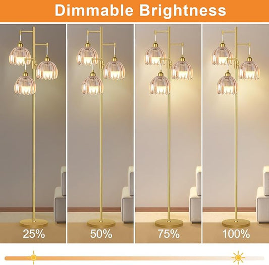 Gold Floor Lamps for Living Room Vintage Floor Lamp with Glass Lmapshape & Led Bulb,Dimmable Floor Lamps Brass Mid Century Modern Standing Lamp Tall Tree Flower Floor Lamp for Bedroom,Office,Corner