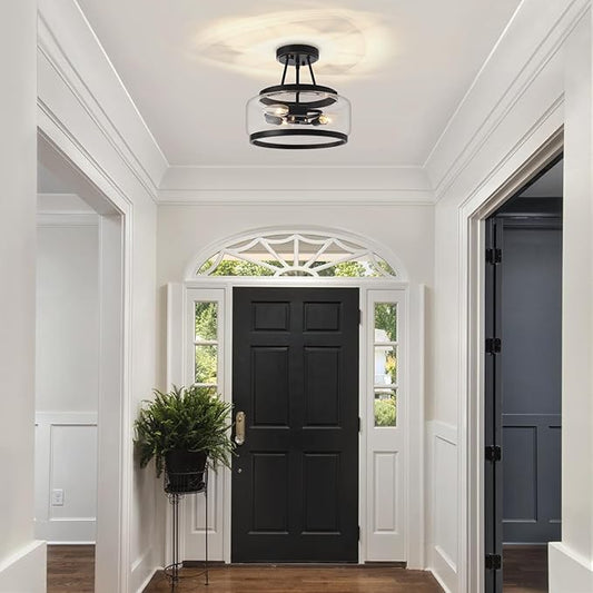 11.81" Black Glass Semi Flush Mount Ceiling Light, 3-Light Modern Light Fixture, Hallway Ceiling Lights, Ceiling Lamp for Entryway Bedroom Laundry Kitchen Dining Room Close to Ceiling Light Fixtures