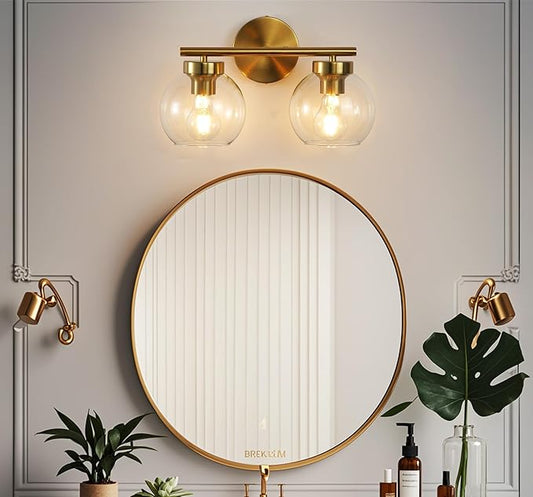 Gold Vanity Light, 2 Light Bathroom Vanity Light with Clear Globe Glass Shades, Modern Bathroom Light Fixture Over Mirror, Brass Wall Sconce Light for Bedroom Restroom, E26 Socket