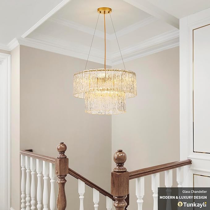 20" Crystal Chandelier Modern Gold Glass Chandeliers 2-Tier Round Elegant Luxury Lighting 6-Light Drum Crystal Chandelier for Dining Room Kitchen Restaurant Foyer Bedroom Living Room