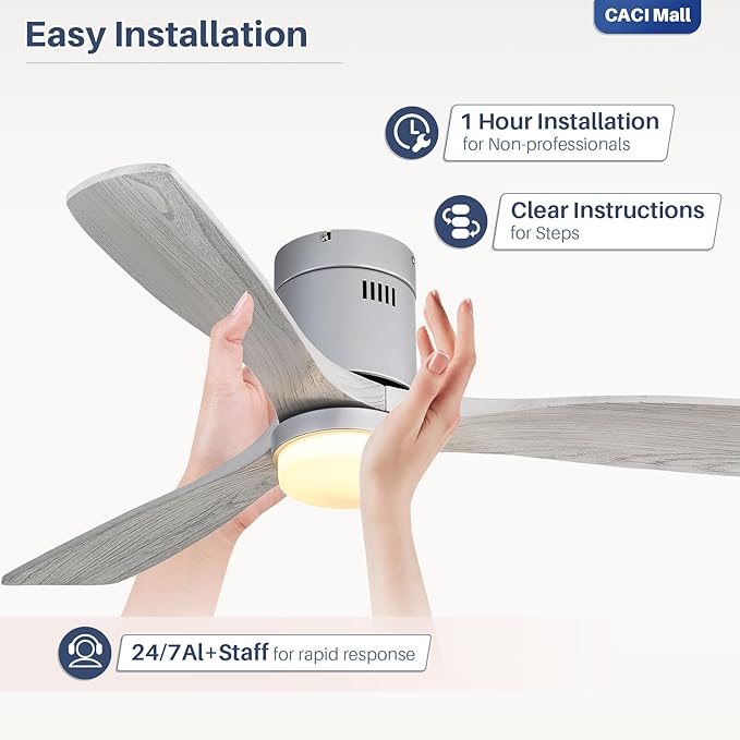CACI Mall 52 Inch Wood Flush Mount Ceiling Fan with Lights, 3 Blades, Low Profile, Modern, 3CCT, Dimmable, Noiseless, Remote Contral, Outdoor Indoor Ceiling Fans for Bedroom/Farmhouse/Patio