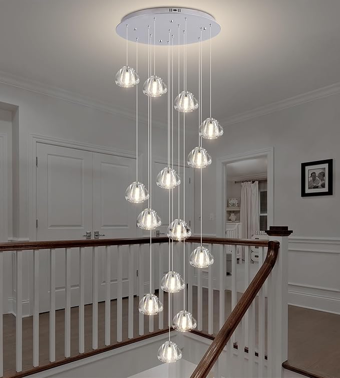 Modern Crystal Chandelier 14-Lights High Ceiling Raindrop Chandelier Lighting Fixture, Large LED Round Indoor Lighting Fixture Chrome for Foyer Staircase Living Room