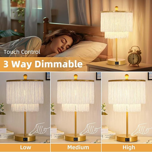 Bedside Lamps Set of 2, 3-Way Dimmable Touch Lamp with USB Charging Port, Boho Lamp with Tassel Lampshade for Bedroom, Living Room, Teens Room, Nightstand, LED Bulb Included
