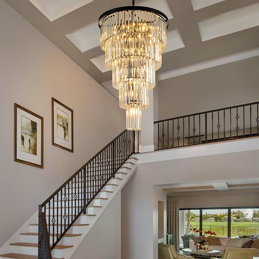 High Ceiling Chandelier Crystal Modern: 24-Inch 5-Tiered Black Staircase Chandeliers - Large Long Hanging Pendant Light Fixture For Entryway Foyer Living Room Luxury Round Flush Mount Ceilings Lights