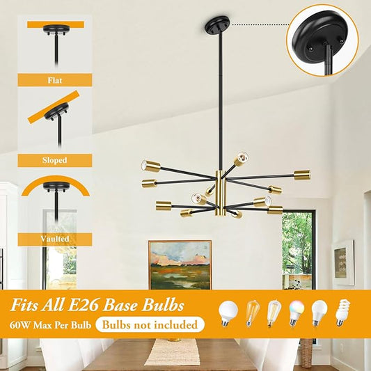 BesLowe 31'' 12-Light Modern Sputnik Chandelier, Mid Century Black & Gold Chandeliers Lighting, Farmhouse Ceiling Hanging Light Fixture for Dining Room Bedroom Room Kitchen Foyer, Height Adjustable
