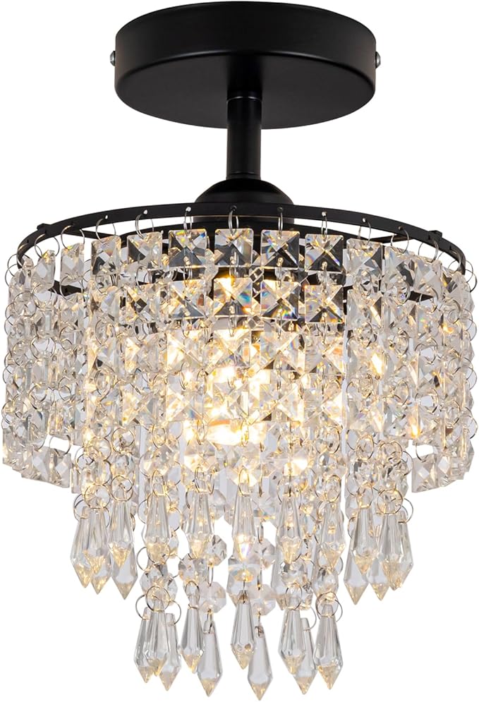 8" Black Chandelier 3-Tier Crystal Raindrop Flush Mount Ceiling Light Fixture Mini Chandelier Light for Bedroom Kitchen Hallway Bathroom Closet (Black)