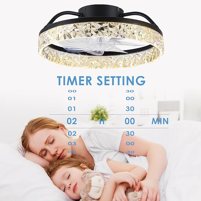 Mpayel Ceiling Fans with Lights and Remote/APP Control, Modern Dimmable Low Profile Ceiling Fan, Flush Mount Bladeless Ceiling Fan, 16" Memory Function Forward Reverse and 6 Speeds - Black