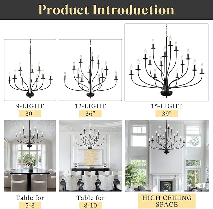 15-Light Black Farmhouse Chandelier, 39" Modern Farmhouse Dining Room Light Fixture for Hight Ceiling, Metal Vintage Entryway Chandelier for Foyer Hallway Entryway Living Room Kitchen E12
