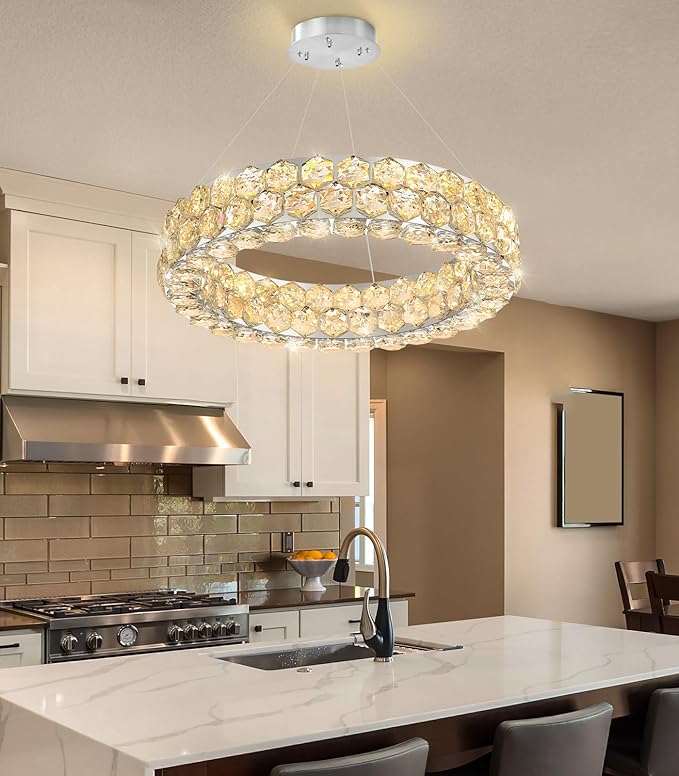 Modern Crystal Chandelier Ring Chandeliers for Dining Room Living Room Round LED Dimmable Ceiling Light Fixture for Bedroom Hallway Foyer Silver