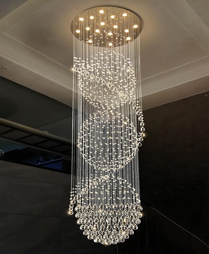 D40'' x H120'' Crystal Chandelier for Entryway High Ceiling Chandeliers Glam Chandelier Modern Large Raindrop Chandeliers LED Dimmable Light Fixtures for Staircaes Foyer Living Room Silver