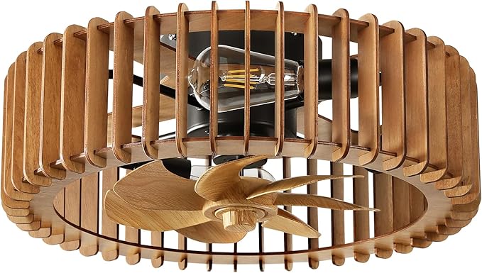 20'' Flush Mount Caged Ceiling Fan with Light, Wooden Low Profile Ceiling Fan with Light and Remote, 6 Speed and Reversible, Farmhouse Enclosed Fan Lights for Bedroom, Dining Room