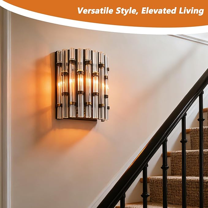 Luxury Wall Lamps & Sconces, 11 4/5" Vintage Crystal Glass Wall Light E12 for Bedroom, Living Room Background Staircase Hallway (Black)