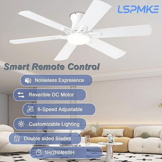 Ceiling Fans with Lights, 52" Flush Mount Ceiling Fan with Light and Remote, Quiet, Reversible, 3CCT, Dimmable, White, RGB, Low Profile Ceiling Fan for Bedroom, Living Room, Indoor/Outdoor Use