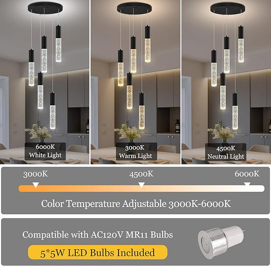 Modern Crystal Chandelier for Kitchen Island 5-Lights, Elegant Black LED Bubble Pendant Lighting Fixture for Dining Room Bedroom Entryway
