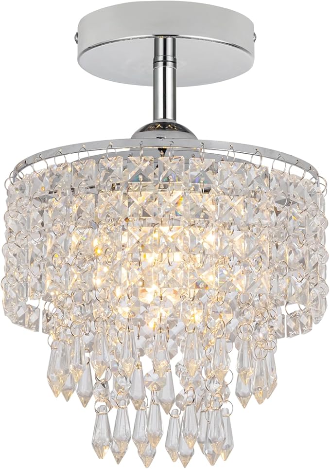 8" Mini Crystal Chandelier 3-Tier Crystal Raindrop Semi Flush Mount Ceiling Light Fixture Small Chandelier for Bedroom Kitchen Hallway Bathroom Closet (Chrome)