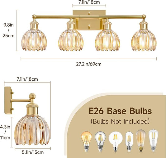 Bathroom Light Fixtures Over Mirror, 27.2 in Vintage Bathroom Light Fixture 4 Light,Antique Brass Wall Sconce with Amber Tulip Glass Shade for Bedroom Living Room,Foyer,Hallway, E26 Base