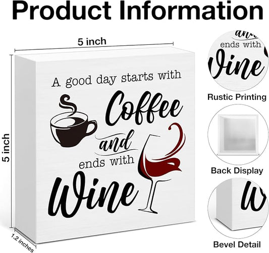 Coffee Wine Bar Decor Sign, Gifts For Colleagues Friends, Rustic Wood Block Sign for Home Kitchen Bar Shelf Table Decoration 5 x 5 Inches