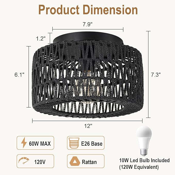 SineRise Rattan Ceiling Light Fixtures (12-Inch, LED Bulb Included), Hand-Woven Boho Flush Mount Ceiling Light, Rattan Chandelier for Hallway Kitchen Farmhouse Foyer Entryway Living Room(Black)
