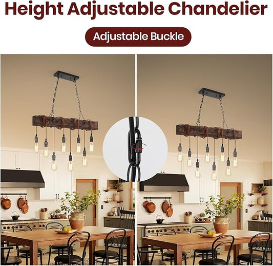 8-Lights Farmhouse Kitchen Island Pendant Light, Rustic Wood Chandeliers for Dining Room,Height Adjustable Island Light,Dining Room Bar Restaurant Cafe Pool Table.