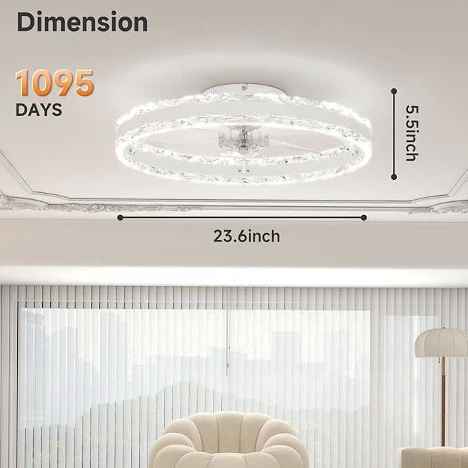 VOLISUN Low Profile Ceiling Fans with Light and Remote, 23.6in Fandelier Ceiling Fan with Light, 3000K-6500K Dimmable Flush Mount LED Ceiling Fan Light, White Modern Ceiling Fan Light for Bedroom