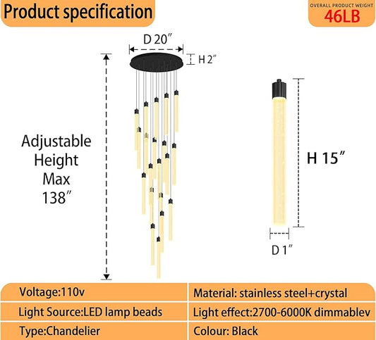 138'' Long Crystal Column Chandelier Extra Large Black Staircase High Ceiling Chandelier 20-Lights Dimmable Led Pendant Lighting Foyer Entryway Light Source is Replaceable