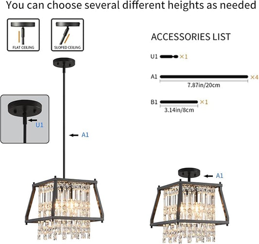 LMQNINE Farmhouse Chandelier - Black Metal Crystal Pendant Light for Kitchen, Dining Room, Living Room - Flat & Inclined Ceiling (Trapezoid -11.81in)