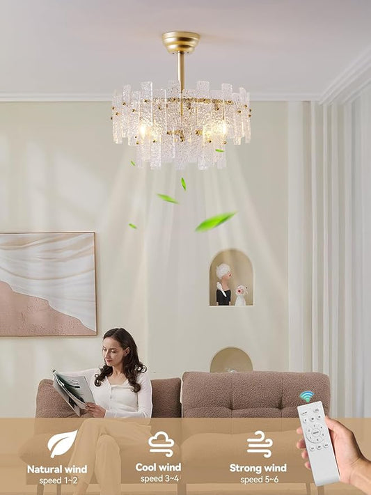 20" Gold Fandelier Ceiling Fan with Light,Gold Crystal Chandelier Ceiling Fans with Lights and Remote Control,Mid-Century Modern Caged with 6 Speeds for Living Room Bedroom Nursery