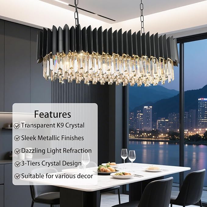 Modern Black Rectangular Crystal Chandelier for Dining Room 3-Tiers 8 Lights Luxury Oval Ceiling Hanging Light Contemporary Pendant Light Fixture for Kitchen Island Living Room Bar L33 inch