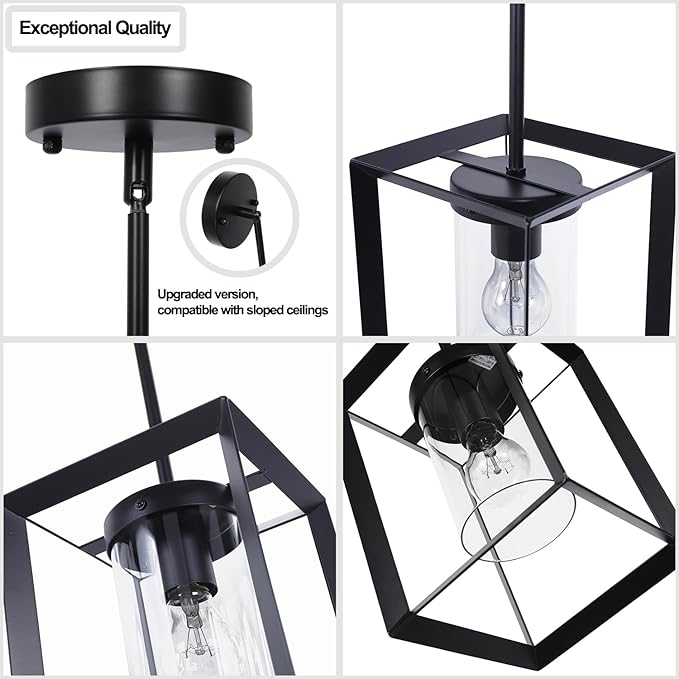 2 Pack Black Pendant Lights for Kitchen Island, Farmhouse 1-Light Iron Cage Metal Hanging Light with Clear Glass Shade, Industrial Lighting Fixtures for Living Room Bedroom Hallway Foyer