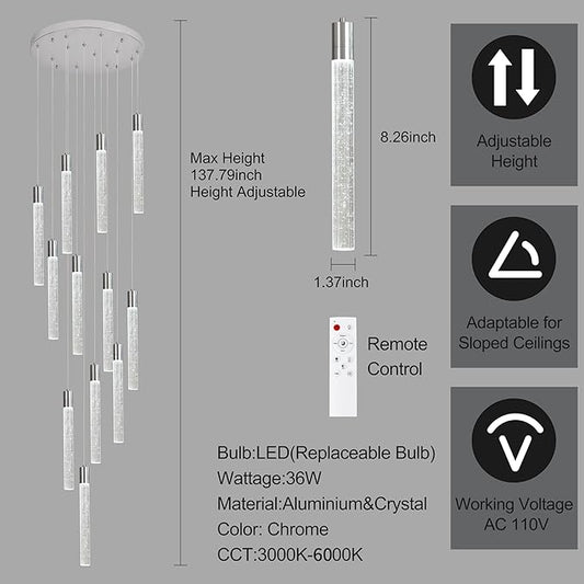 12-Lights Bubble Chandelier for Entryway High Ceiling-137 Height Adjustable Crystal Chandelier,3 Color Temperature Dimmable LED Pendant Light Fixture for Foyer Living Room Staircase,Chrome