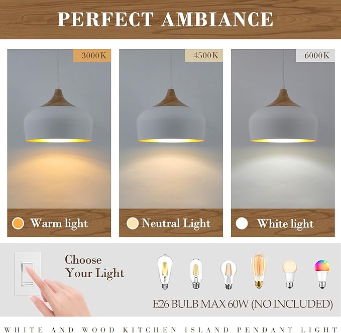 White Pendant Light, 12in Solid Wood Pendant Lights Fixture Adjustable Modern Hanging Lighting, for Kitchen Island Dining Room Sink Bar Office Bedroom