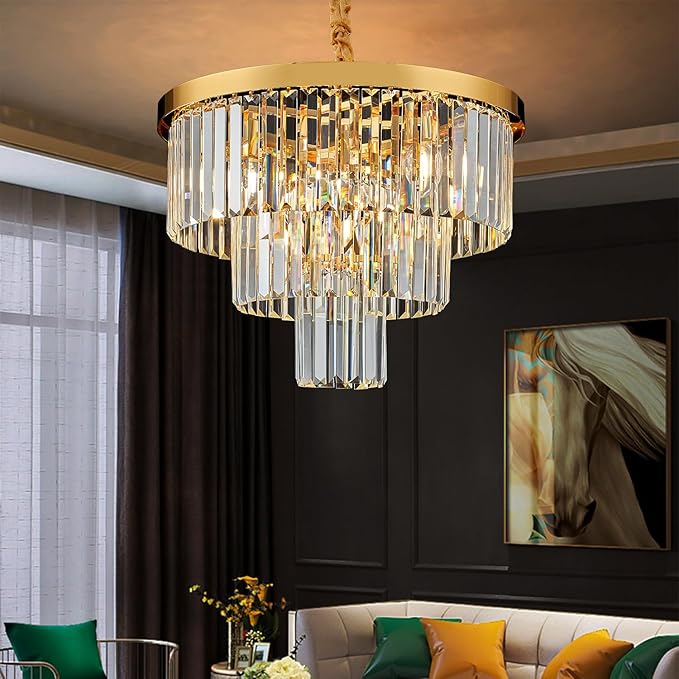 Gold Crystal Chandelier 20" Modern Chandelier 3 Tiers 6 Lights Pendant Lighting Crystal Ceiling Light Round Chandelier for Dining Room Kitchen Island Living Room Entryway Bedroom Office
