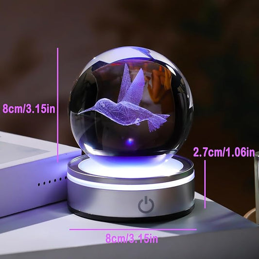 Arikyrist Crystal 3D Hummingbird 3.15in Ball Figurine Gifts for Women Wife, Collectible Glass Animal Art Sphere for Room with LED Light Base, Keepsakes for Bird Lovers Home Decor Paperweight