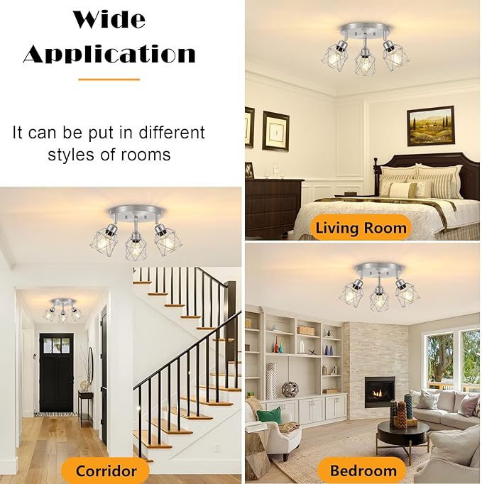 Baocuz 3-Light Brushed Nickel Semi Flush Mount Ceiling Light, Adjustable Kitchen Light Fixtures Ceiling Mount E26 Base Multi-Directional Silver Ceiling Spot Lights for Hallway Farmhouse Foyer