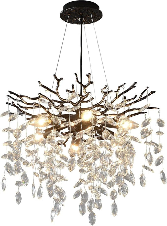 EGM Black Tree Branch Crystal Chandelier, 18 Inch Modern Dining Room Crystal Chandelier 6-Light(E12), Hanging Round Chandeliers for Living Room Bedroom Foyer