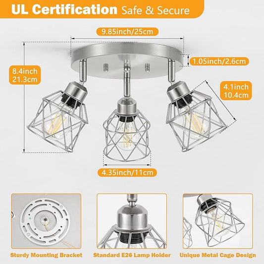 Baocuz 3-Light Brushed Nickel Semi Flush Mount Ceiling Light, Adjustable Kitchen Light Fixtures Ceiling Mount E26 Base Multi-Directional Silver Ceiling Spot Lights for Hallway Farmhouse Foyer