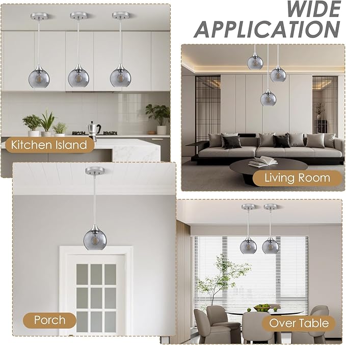 Pendant Lights Kitchen Island 2 Pack, Grey Seeded Glass Pendant Light Fixtures & Adjustable Rods, Brushed Nickel Kitchen Island Lighting, Modern Island Lights for Kitchen Dining Room E26 Base