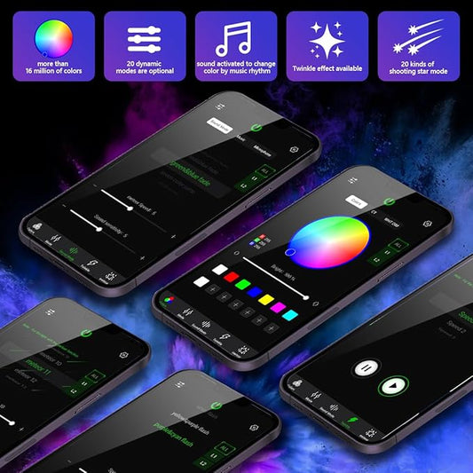 AMKI Dual Color 20W Twinkle Starlight Headliner Kit Mixed 860pcs*9.8ft Cables+ RGB Meteor Shooting Star Fiber Optic Light Sound Activated APP/Remote Control for Car Roof Home Ceiling