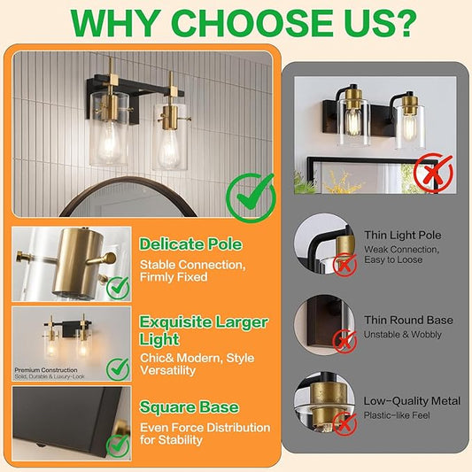 SOLFART Vintage Vanity Light Fixtures Wall Light for Bathroom Over Mirror Light with Glass Shade Light Fixtures (2 Lights-Exclude Bulb)