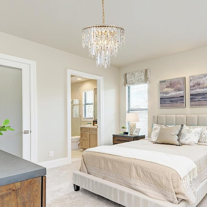 A AXILIXI Modern Chandelier for Dining Room Crystal Gold 20” Chandelier 3 Ties Ceiling Pendant Light Fixtures Round Chandelier with Adjustable Chain for Bedroom Entryway Staircase