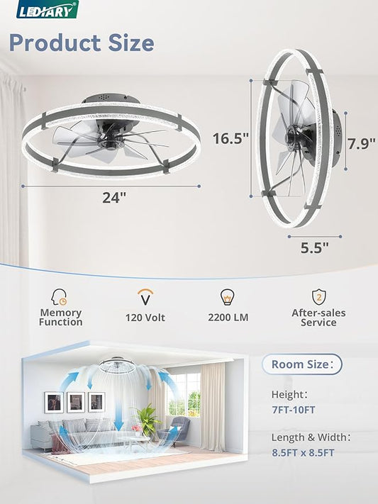 LEDIARY Ceiling Fans with Lights and Remote, 24'' Low Profile Ceiling Fan with Light, 3000-6000K Dimmable Fandelier Ceiling Fans, Modern Flush Mount Fan for Bedroom with 6 Wind Speeds- Sandy Gray