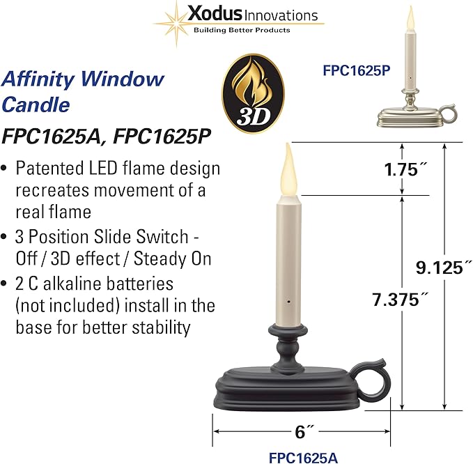 Xodus Innovations FPC1625P Battery Window Candle New Dynamic Flicker Warm White Flame Sensor ON Timer Off (Silver-Single)