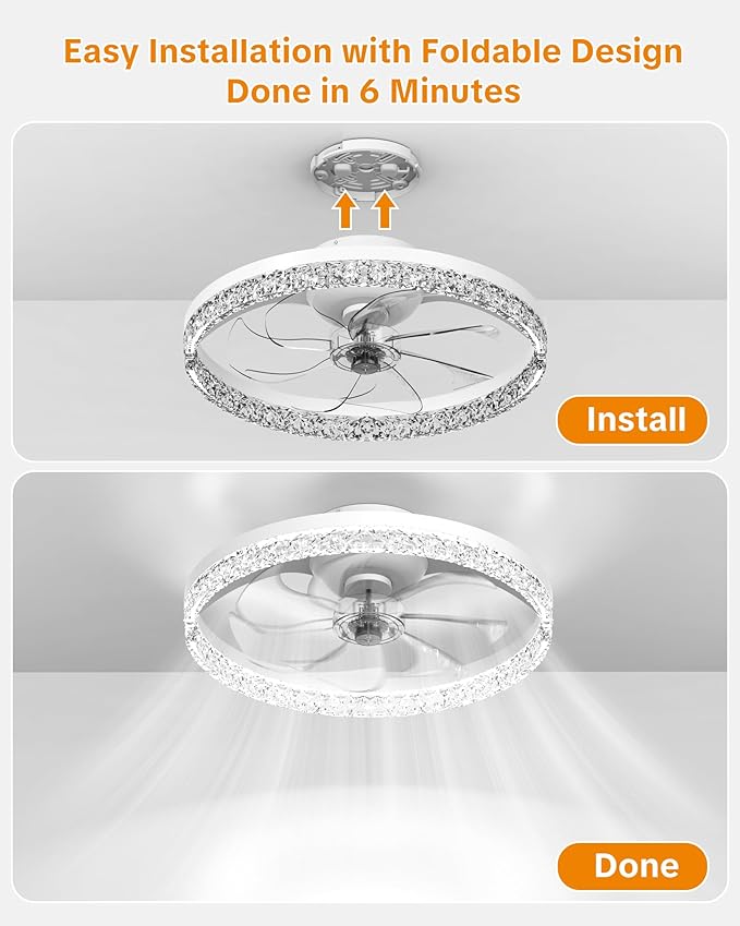 Ceiling Fans with Lights and Remote Low Profile Flush Mount LED Ceiling Fan with Lights 3000K-6500K Dimmable Foldable Fandelier Light 6 Wind Speeds Night Light for Bedroom Living Room White