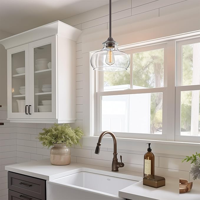 Kira Home Harlow 9" Modern Schoolhouse Pendant Light with Clear Glass Shade, Industrial Farmhouse Brown Hanging Light with Schoolhouse Glass, Oil Rubbed Bronze Finish