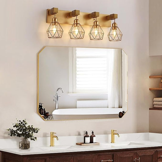 Farmhouse Bathroom Light Fixtures, 4-Light Gold Bathroom Vanity Light, Rustic Matte Antique Brass Finish with Metal Lampshade, Wall Sconces for Bedroom, Living Room, Hallway