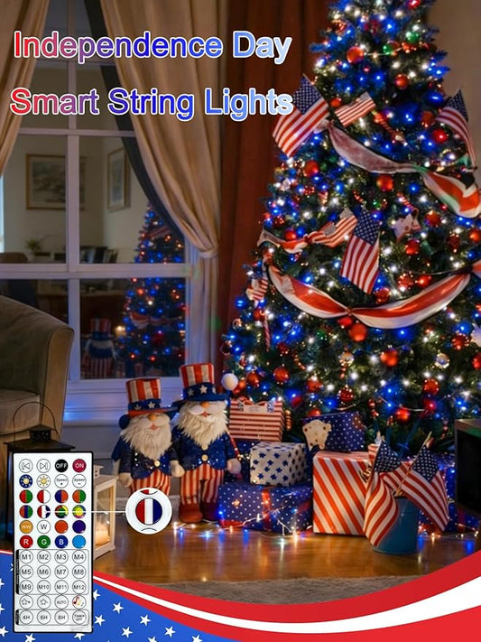 Smart Color Changing 4th of July Lights with Remote & App, 132FT 400LED Red White and Blue Twinkle Lights with Timer, RGB Patriotic Fairy String Light Waterproof Indoor Outdoor Independence Day Decor