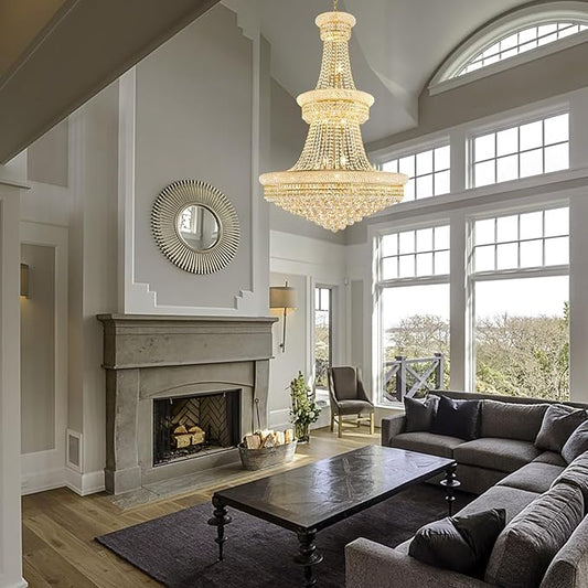 19-Lights Gold Large Crystal Chandelier Light Fixture, 3-Layer Luxury Empire Chandeliers Modern High Ceiling Hanging Chandelier for Living Room,Foyer,Staircase,Entryway (Gold,D31.5 x H47)