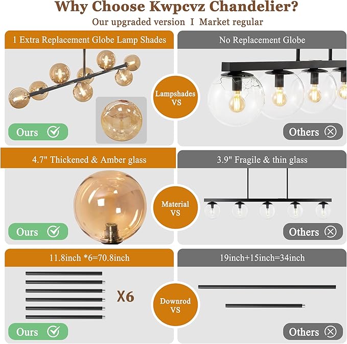 Linear Chandeliers for Dining Room, 8-Light Black Sputnik Chandeliers Modern Chandelier Linear Dining Room Light Fixture Mid Century Ameber Glass Globe Chandelier for Kitchen Island Living Room 37inch