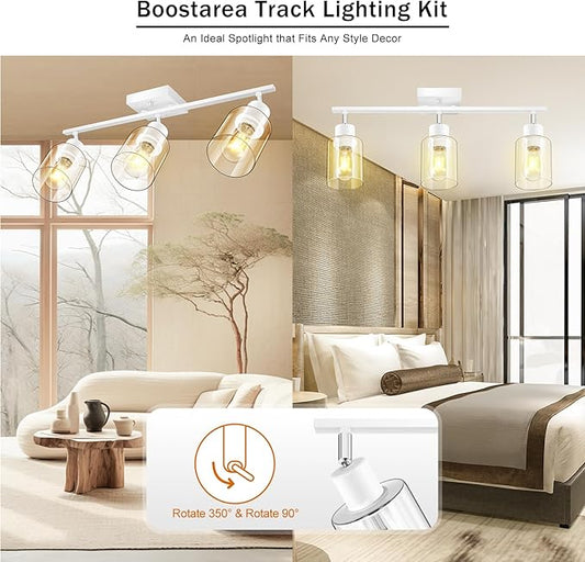 BoostArea White LED 3 Light Track Lighting Kit, 3 Way Ceiling Spot Lighting with Glass Lampshade, Flexibly Rotatable Light Head for Kitchen, Living Room, Bedroom, Bulb Not Included